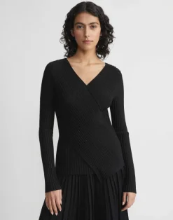 Outlet Lafayette 148 New York Finespun Voile Pleat Stitch Crossover Sweater Black