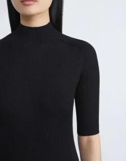 Lafayette 148 New York Finespun Voile Ribbed Short Sleeve Sweater Black