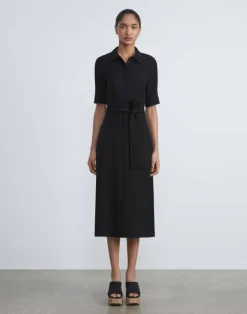 New Lafayette 148 New York Finesse Crepe Belted Shirtdress Seawater