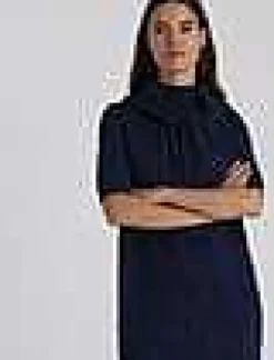 Clearance Lafayette 148 New York Flora Jacquard Responsible Fine Gauge Merino-Viscose Sweater Dress Midnight Blue