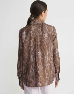 Lafayette 148 New York Flora Print Silk Twill Point Collar Blouse Deep Acorn Multi