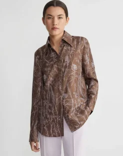 Lafayette 148 New York Flora Print Silk Twill Point Collar Blouse Deep Acorn Multi