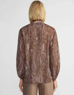 New Lafayette 148 New York Flora Print Sustainable Gemma Cloth Voile Pintuck Blouse Deep Acorn Multi