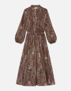 New Lafayette 148 New York Flora Print Sustainable Gemma Cloth Voile Pintuck Midi Dress Deep Acorn Multi