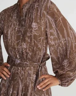 New Lafayette 148 New York Flora Print Sustainable Gemma Cloth Voile Pintuck Midi Dress Deep Acorn Multi