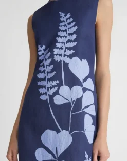 Discount Lafayette 148 New York Flora Print Viscose-Linen Sleeveless Dress Midnight Blue Multi