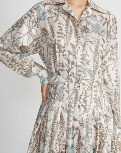 Lafayette 148 New York Flora Trail Print Silk Twill Pleated Shirtdress Pampas Plume Multi