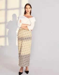 Hot Lafayette 148 New York Fringed Dot Jacquard Pencil Skirt Plaster Iridescent