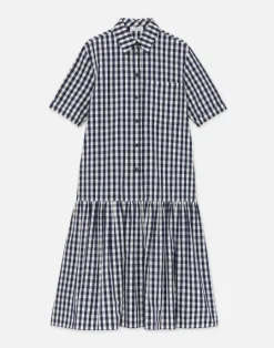Sale Lafayette 148 New York Gingham Crinkle Cotton-Linen Drop Waist Shirtdress Midnight Blue Multi