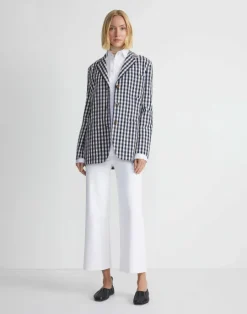 Hot Lafayette 148 New York Gingham Crinkle Cotton-Linen Three Button Blazer Midnight Blue Multi