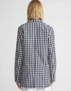 Hot Lafayette 148 New York Gingham Crinkle Cotton-Linen Three Button Blazer Midnight Blue Multi