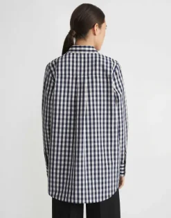 Lafayette 148 New York Gingham Crinkle Cotton-Linen Oversized Shirt Midnight Blue Multi
