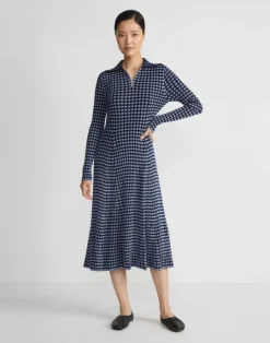 Lafayette 148 New York Gingham Responsible Matte Crepe Collared Half-Zip Dress Midnight Blue Multi
