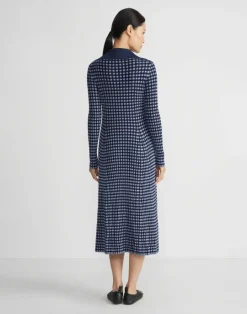 Lafayette 148 New York Gingham Responsible Matte Crepe Collared Half-Zip Dress Midnight Blue Multi