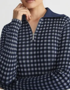 Lafayette 148 New York Gingham Responsible Matte Crepe Collared Half-Zip Dress Midnight Blue Multi