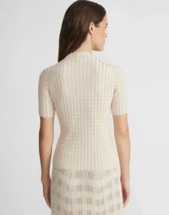 Clearance Lafayette 148 New York Gingham Responsible Matte Crepe Short Sleeve Sweater Pampas Plume Multi