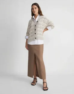 Best Lafayette 148 New York Gingham Sustainable Linen-Silk Chainette Open Stitch Cardigan Smoked Taupe Multi