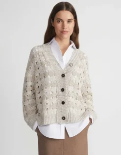 Best Lafayette 148 New York Gingham Sustainable Linen-Silk Chainette Open Stitch Cardigan Smoked Taupe Multi