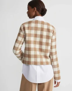 Hot Lafayette 148 New York Gingham Wool Collarless Buttoned Jacket Camel Multi