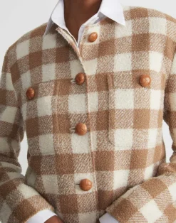 Hot Lafayette 148 New York Gingham Wool Collarless Buttoned Jacket Camel Multi