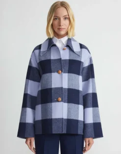 Sale Lafayette 148 New York Gingham Wool-Cashmere Double Face Oversized Swing Coat Midnight Blue Multi