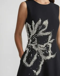 Online Lafayette 148 New York Hand-Beaded Rose Wool-Silk Crepe Sleeveless Dress Black