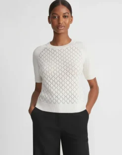Outlet Lafayette 148 New York Hand-Embellished Cashmere Lace Stitch Short Sleeve Sweater Cloud