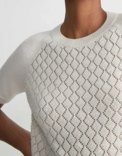 Outlet Lafayette 148 New York Hand-Embellished Cashmere Lace Stitch Short Sleeve Sweater Cloud