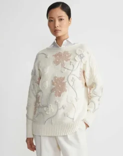 New Lafayette 148 New York Hand-Embroidered Flora Bloom Cotton-Wool Chainette Sweater Creme Multi
