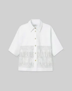 Discount Lafayette 148 New York Lambskin Leather Hand Basketweave Fringed Shirt Jacket White