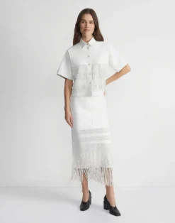 Discount Lafayette 148 New York Lambskin Leather Hand Basketweave Fringed Shirt Jacket White