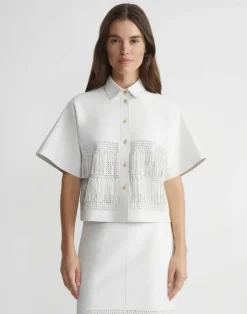 Discount Lafayette 148 New York Lambskin Leather Hand Basketweave Fringed Shirt Jacket White