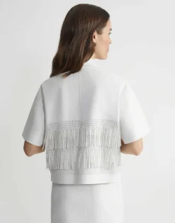 Discount Lafayette 148 New York Lambskin Leather Hand Basketweave Fringed Shirt Jacket White