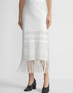 New Lafayette 148 New York Lambskin Leather Hand Basketweave Fringed Skirt White