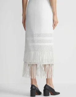 New Lafayette 148 New York Lambskin Leather Hand Basketweave Fringed Skirt White