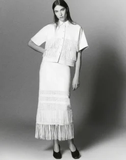New Lafayette 148 New York Lambskin Leather Hand Basketweave Fringed Skirt White