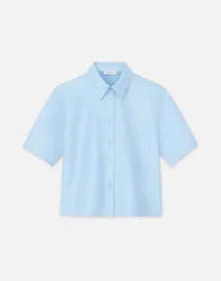 New Lafayette 148 New York Lambskin Leather Short Sleeve Shirt Ice Water