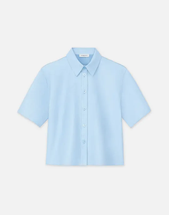 New Lafayette 148 New York Lambskin Leather Short Sleeve Shirt Ice Water