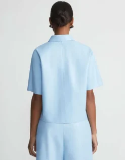 New Lafayette 148 New York Lambskin Leather Short Sleeve Shirt Ice Water