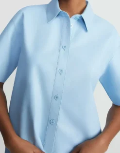 New Lafayette 148 New York Lambskin Leather Short Sleeve Shirt Ice Water