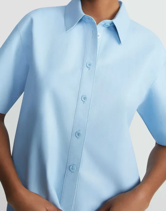 New Lafayette 148 New York Lambskin Leather Short Sleeve Shirt Ice Water