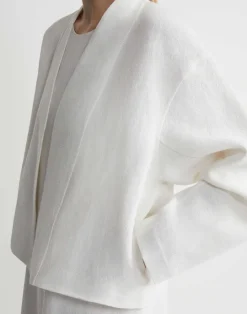 Discount Lafayette 148 New York Linen Collarless Open Front Jacket White