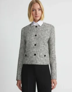 Best Lafayette 148 New York Linen-Cotton Boucl Tweed Collarless Buttoned Jacket Black Multi