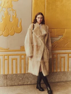 Clearance Lafayette 148 New York Long Hair Shearling Reversible Oversized Coat Dune