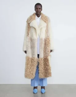 Lafayette 148 New York Long Hair Shearling Reversible Double-Breasted Overcoat Rye