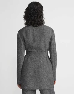 Lafayette 148 New York Marled Linen Basketweave Belted Blazer Black Multi