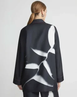 Clearance Lafayette 148 New York Martha Madigan X L148 Print Silk Twill Oversized Blouse Black Multi