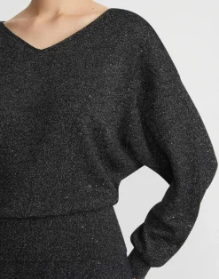 Clearance Lafayette 148 New York Merino Wool-Sequin Silk Blouson Sweater Pampas Plume Metallic
