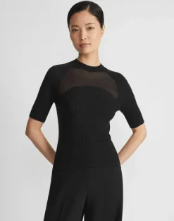 New Lafayette 148 New York Merino-Silk Ribbed Sheer Yoke Sweater Black