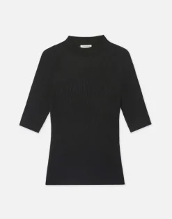 New Lafayette 148 New York Merino-Silk Ribbed Sheer Yoke Sweater Black